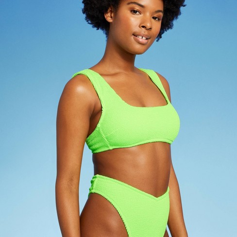 Women's Pucker Square Neck Wide Strap Bralette Bikini Top - Wild Fable™  Bright Green M
