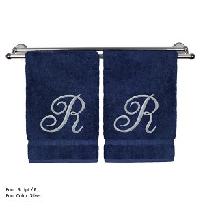 BC BARE COTTON Monogrammed Hand Towel, 100% Turkish Cotton - Set of 2 - Navy - Silver Script - 1 of 1