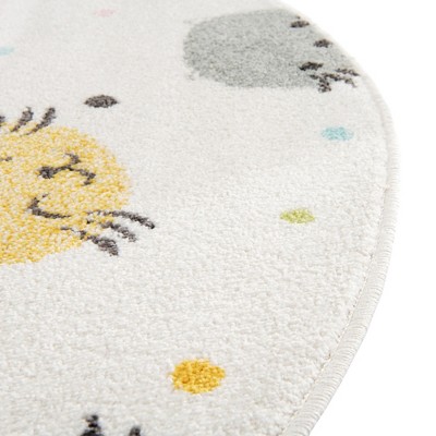 Ivory Round Kids Rug with Colorful Cat Faces