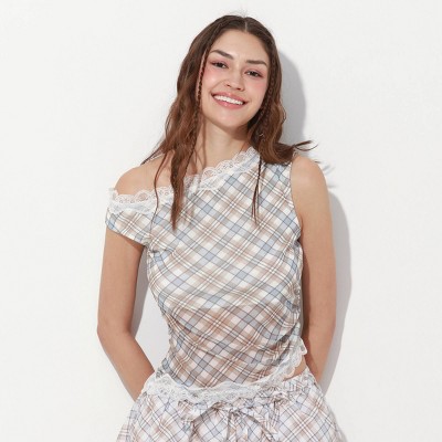 Women's Mesh Top - Wild Fable™ Blue Plaid