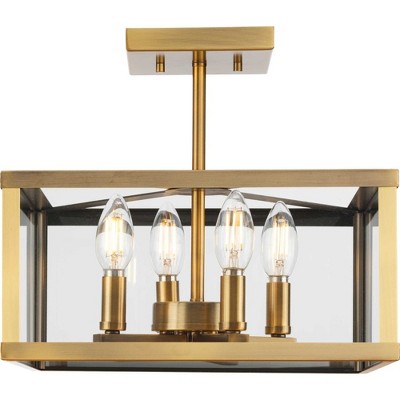 Progress Lighting Hillcrest 4-Light Vintage Brass Semi-Flush Mount with Clear Beveled Glass Panels
