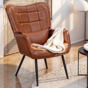 Etelifrank Genuine Leather Armchair - Modern High-Back Accent Chair with Metal Legs & Cushioned Seat, Stylish Living Room Chair - 1 of 4