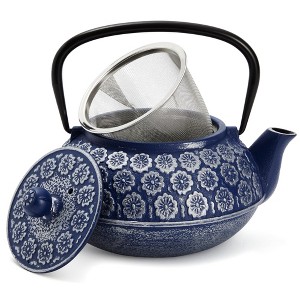 Juvale Japanese Cast Iron Teapot with Infuser for Loose Leaf and Tea Bags, Kettle Includes Handle and Lid (Blue, 34oz) - 1 of 4