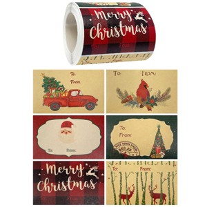 Wrapables Christmas Holiday Gift Tag Stickers and Labels Roll for Gift-Wrapping, Labeling, Package Decoration (300pcs), Rustic Greetings - 1 of 4