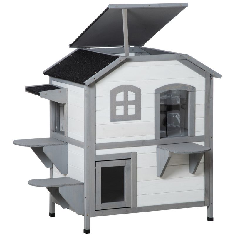 PawHut Wooden 2-Story Outdoor Cat House, Feral Cat Shelter Kitten Condo with Escape Door, Openable Asphalt Roof and 4 Platforms, 5 of 8