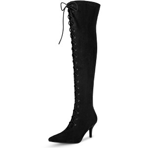 Allegra K Women's Pointed Toe Lace Up Stiletto Heel Over the Knee High Boots - 1 of 4