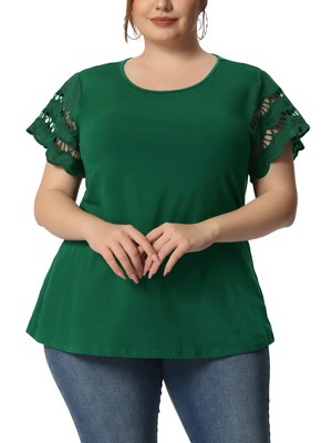 Agnes Orinda Women's Plus Size Round Neck Hollow Lace Panel Short Sleeve Casual Summer Blouses