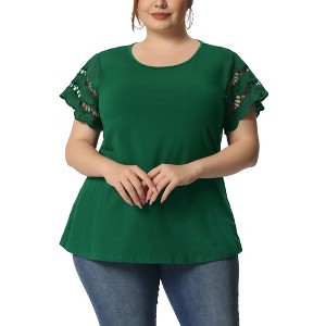Agnes Orinda Women's Plus Size Round Neck Hollow Lace Panel Short Sleeve Casual Summer Blouses - 1 of 4