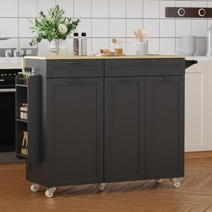 Rolling Kitchen Island w/Drop Leaf, Kitchen Island Cart w/Trash Storage Cabinet,Kitchen Rolling Island w/Spice Rack & Towel Rack, Knife Holder - 1 of 4