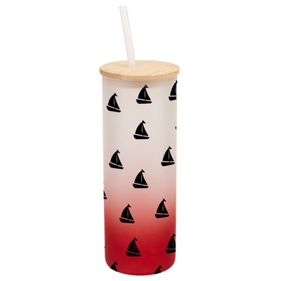 Elanze Designs Nautical Sailboat Ocean Sea Life Wrap-Around Design 25 Ounce Frosted Gradient Glass On-The-Go Coffee Travel Skinny Tumbler Mug Cup,