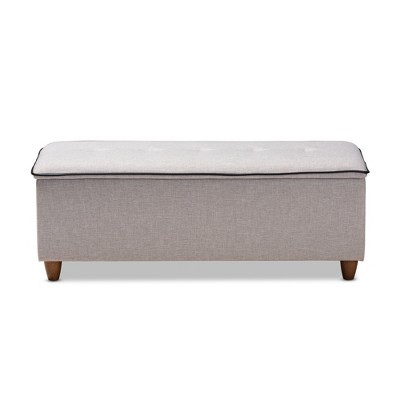 Marlisa 43" Grayish Beige Fabric Upholstered Storage Ottoman with Walnut Finish