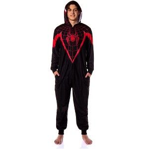 Seven Times Six Marvel Spider-Man Miles Morales Union Suit Adult One Piece Hooded Pajamas Black - 1 of 4
