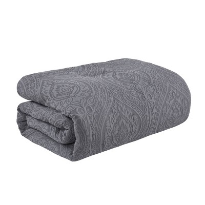 Gray Microfiber Queen Comforter Set with Ogee Damask Design