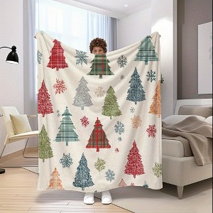 Soft Flannel Christmas Tree Throw Blanket - Plaid & Snowflake Pattern in Green, Contemporary Holiday Decor for Home, Office, Christmas Blankets. - 1 of 4