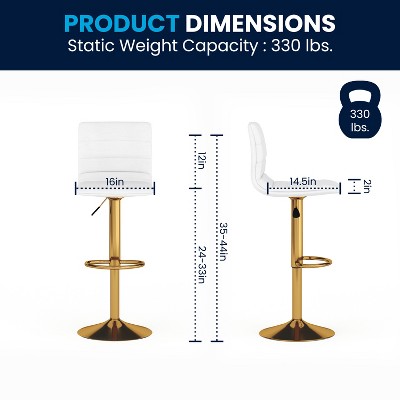 Modern White Vinyl Adjustable Swivel Bar Stools with Gold Base, Set of 2