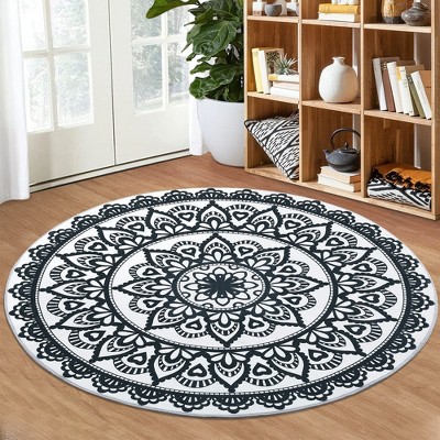 Round Vintage Persian Washable Rugs Floral Area Rug Non-Slip Low Pile Carpet