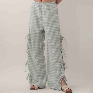 Women Everyday Checked Elastic Waist Side Strape Bowtie Casual Loungewear Pants Cherie Code - 1 of 4