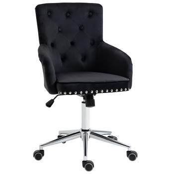 HOMCOM Modern Mid-back Desk Chair with Button Tufted Velvet Back, Nailhead Trim, Swivel Home Office Chair with Adjustable Height, Curved Padded Armrests