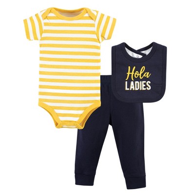 Image of Hudson Baby Infant Boy Cotton Bodysuit, Pant and Bib Set, Hola Ladies, Newborn