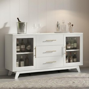 56" Modern Coffee Bar Cabinet with Fluted Glass Doors & 3 Drawers, White Wood Sideboard for Kitchen, Dining Room, Living Room - 1 of 4