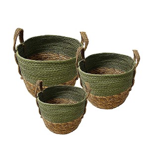 Essential Decor & Beyond 3-Piece Set Seagrass and Paulownia Wood Basket with Handle Indoor Decor - 1 of 4