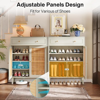 Mint Green Wooden Shoe Cabinet with Rattan Doors and Drawer