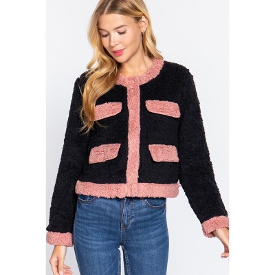 Slickblue Women's Faux Fur Jacket with Pockets, Long Sleeve, Soft Polyester, Black & Pink, Size S-L