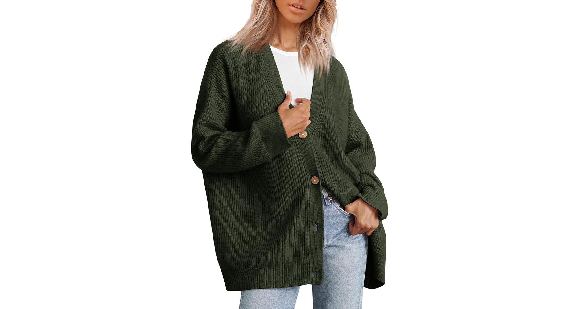 Women's V Neck Sweaters Cardigan Fall Casual Long Sleeve Oversized Button Open Front Loose Knit Sweater Coat