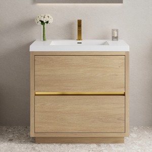 GlasFlength Bathroom Storage Cabinets, Freestanding, Open shelving Bathroom Vanity，Assembly Required, Beige, 35.5"*19.75"*35.5" - 1 of 4