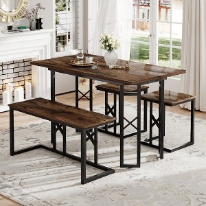 VECELO Farmhouse Room Sets for 4 with 3 Benches Wicker-Knot Cushions, Table for Home Kitchen Dining, 43.3 in - 1 of 4