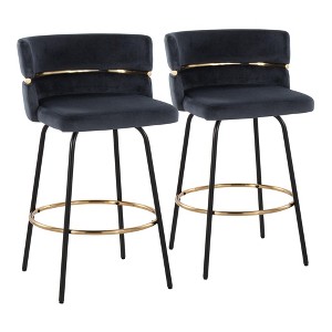 26" Glam/Art Deco Fixed-Height Counter Stool with Swivel in Metal and Velvet with Round Footrest, Set of 2 - 1 of 4
