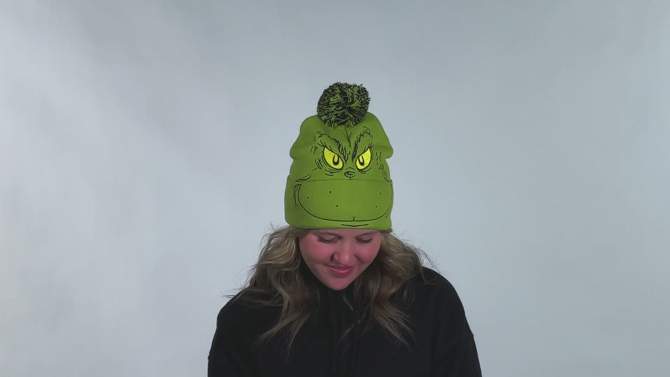 Dr. Seuss The Grinch Who Stole Christmas Pom Beanie Hat Embroidered Character Green, 2 of 5, play video