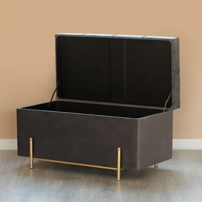 Gray Velvet Rectangular Storage Ottoman with Gold Legs