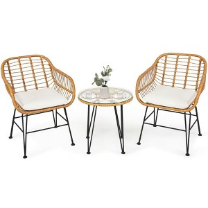 Bestier 3 Piece Patio Bistro Set, Outdoor Wicker Bistro Furniture Sets, 2 Rattan Chairs and Glass Top Table for Balcony, Porch, Poolside, Backyard - 1 of 4