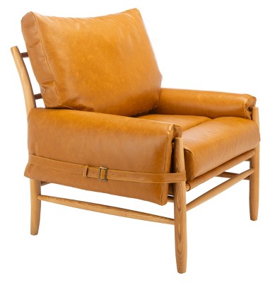 Oslo 32" Caramel Faux Leather & Natural Wood Mid-Century Accent Chair
