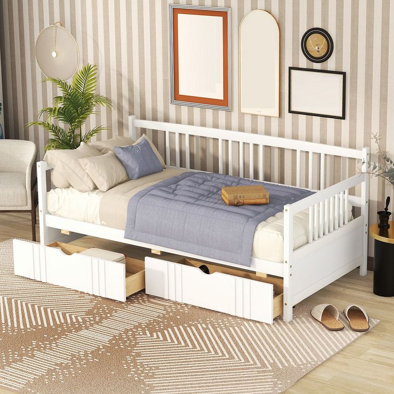 Twin Size Daybed Frame With 2 Drawers And 3 Side Guardrail, Wooden Slats Support, No Box Spring Needed, Daybed Bed Frame, 1 of 8