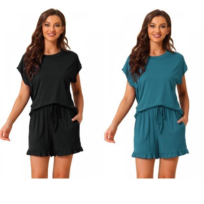 INSPIRE CHIC Women's 2 Pcs Summer Soft Short-Sleeve Tee with Ruffled Shorts Lounge Pajama Set