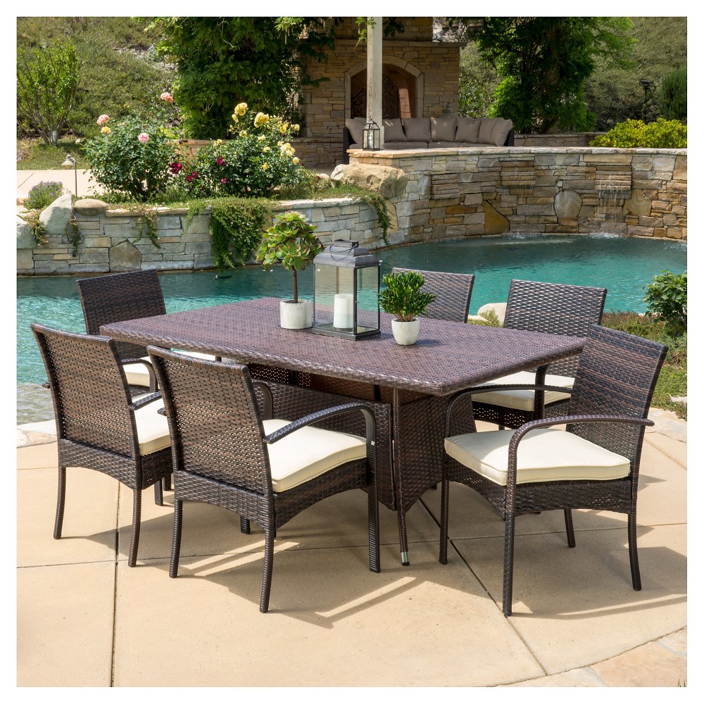 Rudolph 7pc Wicker Patio Dining Set with Cushions - Brown - Christopher ...