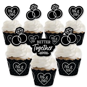 Big Dot of Happiness Mr. and Mrs. - Cupcake Decoration - Black and White Wedding or Bridal Shower Cupcake Wrappers and Treat Picks Kit - Set of 24 - 1 of 4