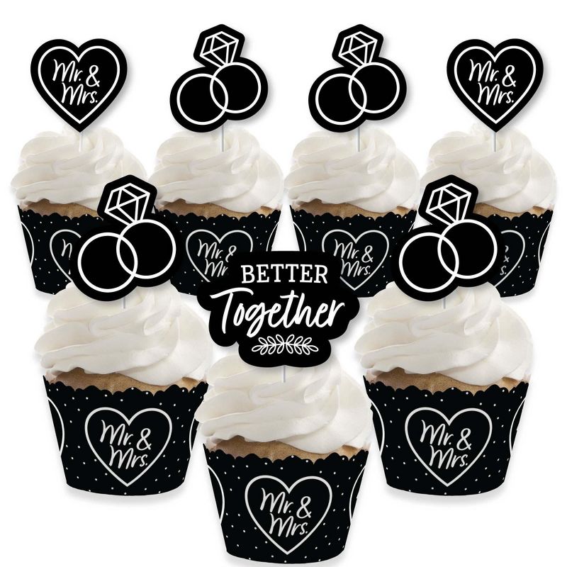 Big Dot of Happiness Mr. and Mrs. - Cupcake Decoration - Black and White Wedding or Bridal Shower Cupcake Wrappers and Treat Picks Kit - Set of 24, 1 of 8