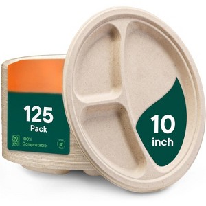 Attop 100% Compostable, 3 Compartment, Disposable Paper Plates [125-Pack] [10 Inch] Heavy Duty Divided Platte Tray - 1 of 4