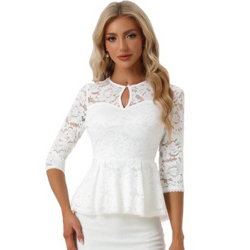 Allegra K Women's Floral Lace Keyhole Front Sheer 3/4 Sleeve Peplum Blouses  White Small : Target