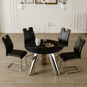 FURNIinspire Dining Sets Dining Table Set For 4, 42" Round Black Dining Table And 4 Black Dining Chairs With Silver Metal Legs, Black - 1 of 4
