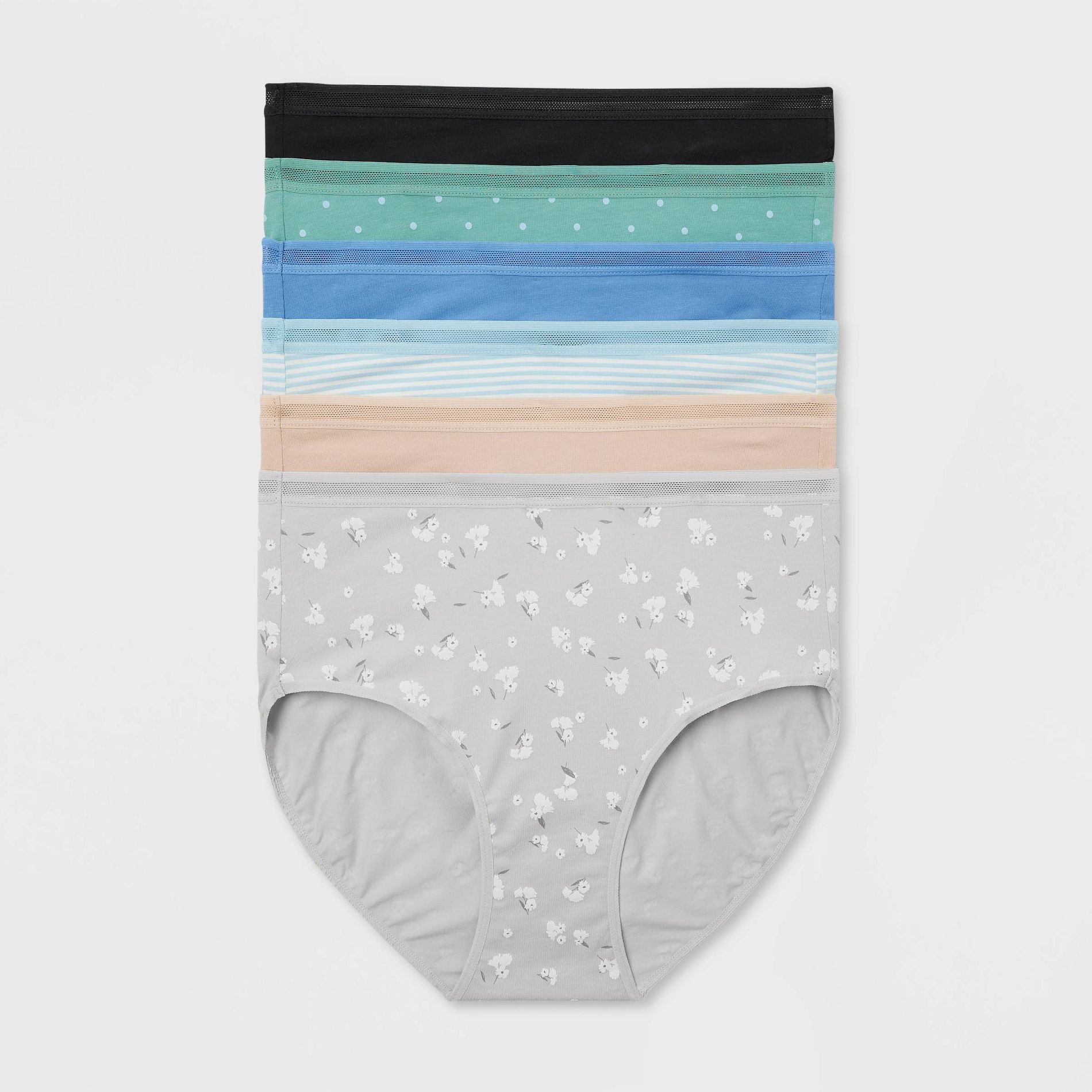 Women's 6pk Cotton Stretch Briefs Underwear - Auden™ Assorted Color M: High Rise, Solid & Polka Dots, Knit Jersey, Pull-On