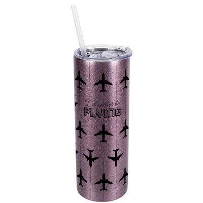 Elanze Designs Rose Gold 20 Ounce Double Wall Stainless Steel Glitter Travel Tumbler With Sliding Lid And Straw, I'd Rather Be Flying