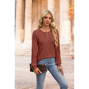 Women's V-Neck Long Sleeve T-Shirt Button Down Ribbed Knit Top Loose Fit Comfort Casual Pullover Shirt for Daily Wear - 1 of 4