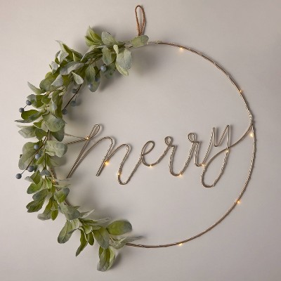 20" Lit 'Merry' Hoop with Faux Greenery Decorative Wreath Gold - Wondershop™