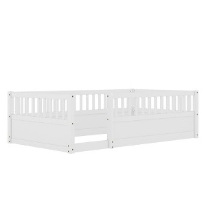 Vynxaria Twin Floor Bed Frame with Fence Wooden Kids Bed for Bedroom Playroom White Solid Wood Safety Design - 1 of 4