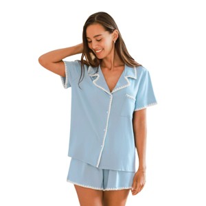 Women's Sky Blue Satin Pajama Set with Lace Trim - Cupshe - 1 of 4