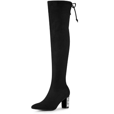 Allegra K Women's Chunky Heels Rhinestone Over the Knee High Sock Boots